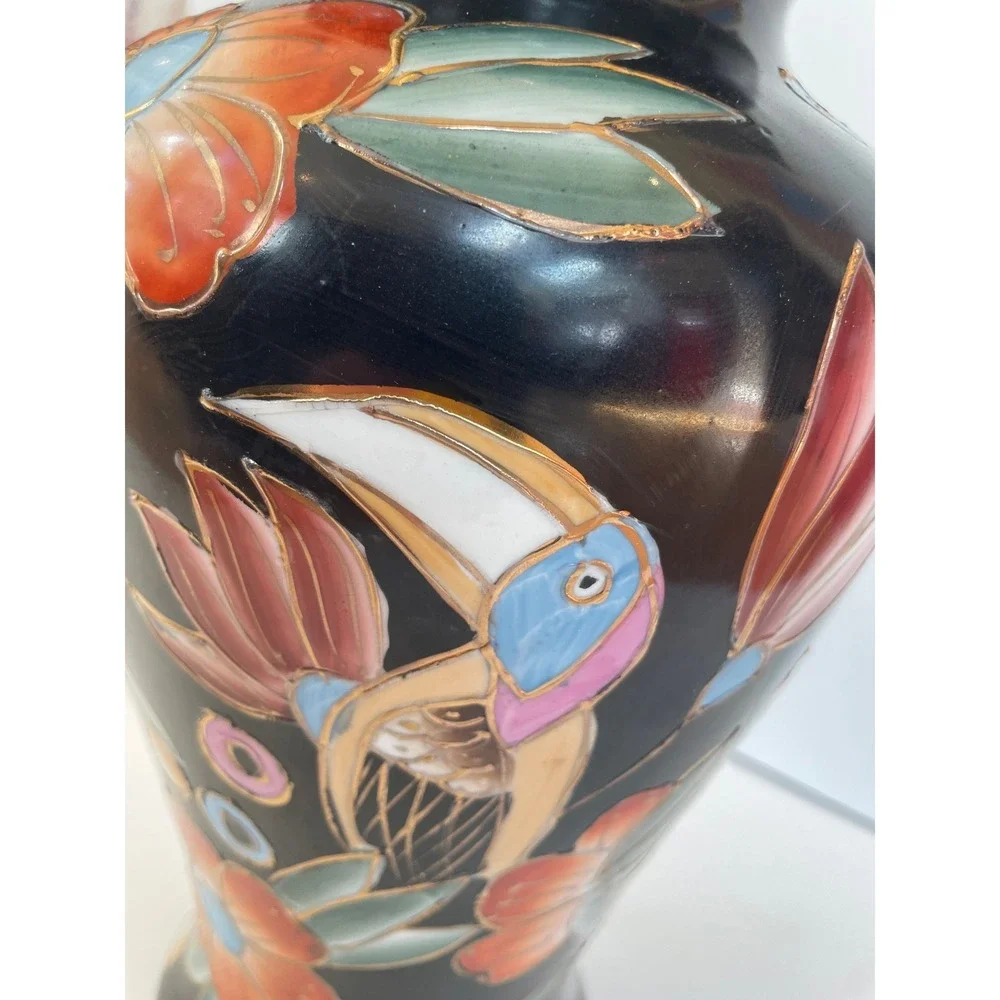 Vintage Black Ceramic Toucan Floral Vase Chinoiserie Gold‎ Cloisonne 12